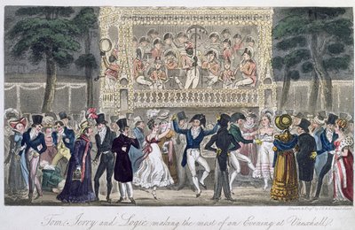 トム、ジェリー、ロジック、ピクシーイーガン作「ロンドンの生活」（1821年、アクアチント色）のVauxhallでの夜を最大限に活用 作： Isaac, Robert and George Cruikshank